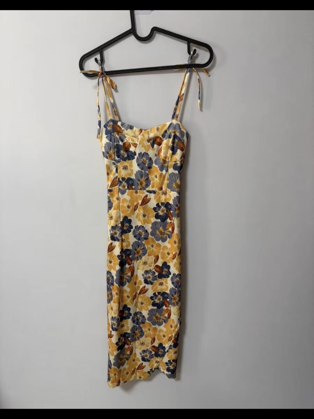 Floral Tie-Shoulder Midi Dress in Yellow and Blue